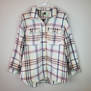 Universal Thread Size M Wool Blend Cream Plaid Button Down Shacket With Pockets
